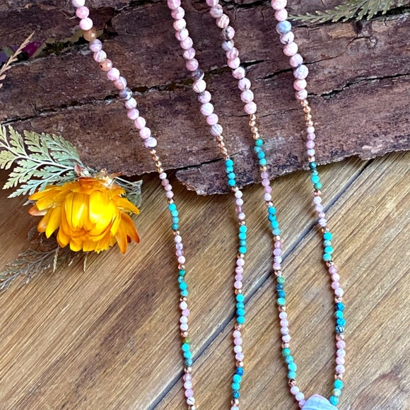 Genuine Rhodochrosite with Natural Turquoise Necklace 18K Plated Gold - Picture 8 of 10